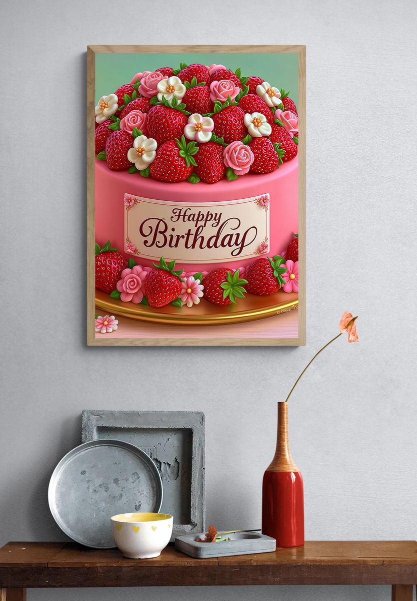 Happy Birthday Strawberry Cake Typography Poster. — room view 3