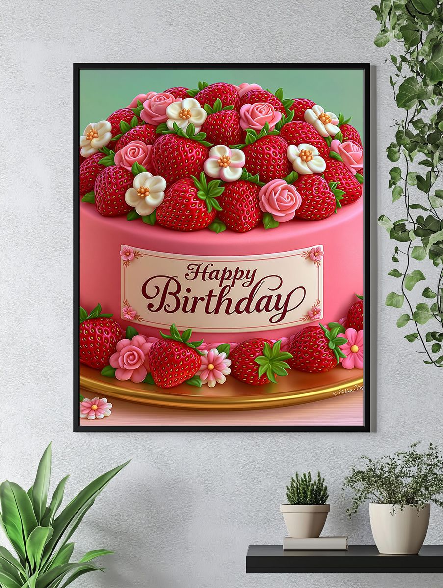 Happy Birthday Strawberry Cake Typography Poster. — room view 4