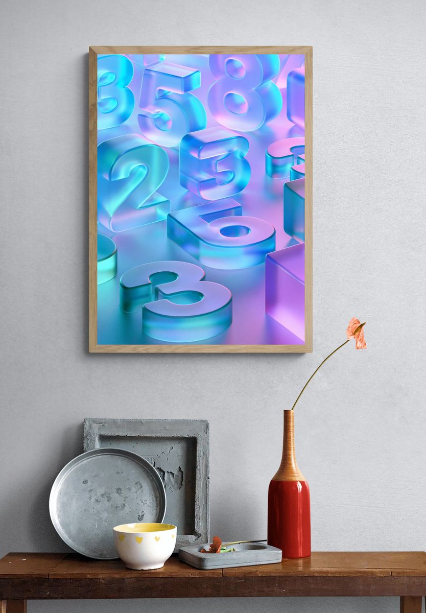 Neon 3D Numbers Typography Poster. — room view 3
