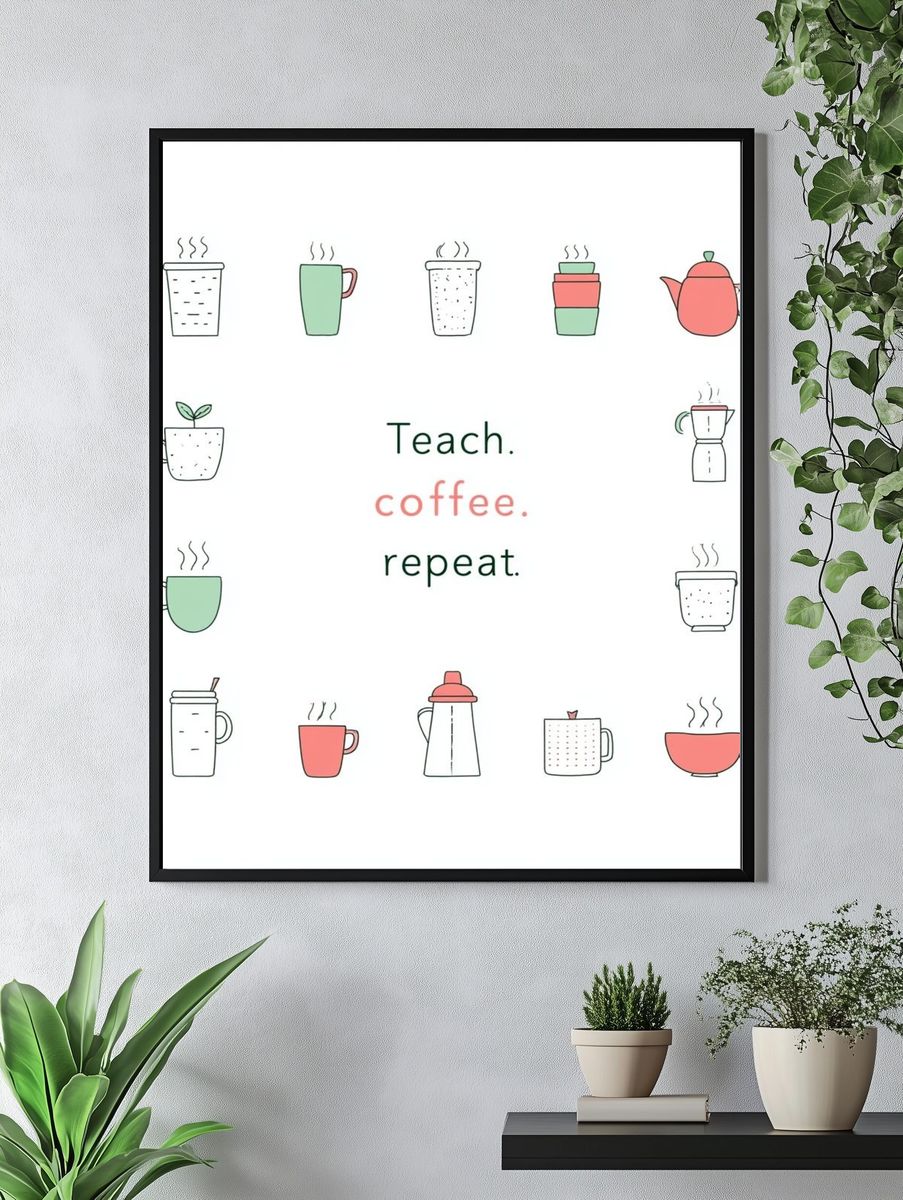 Teach Coffee Repeat Typography Poster. — room view 4