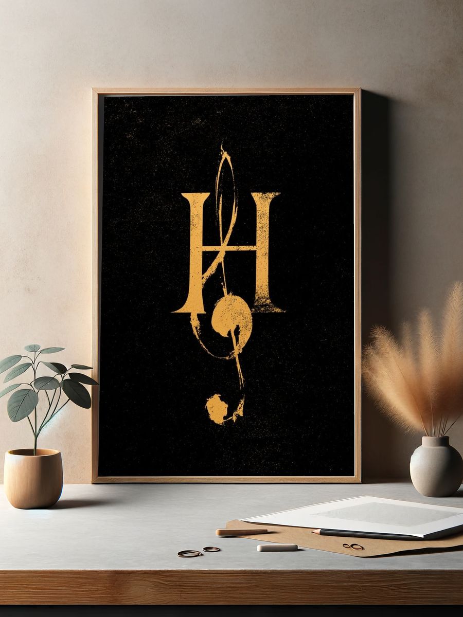Golden H Monogram Typography Poster. — room view 2