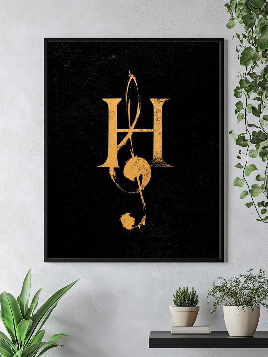 Golden H Monogram Typography Poster. — room view 4