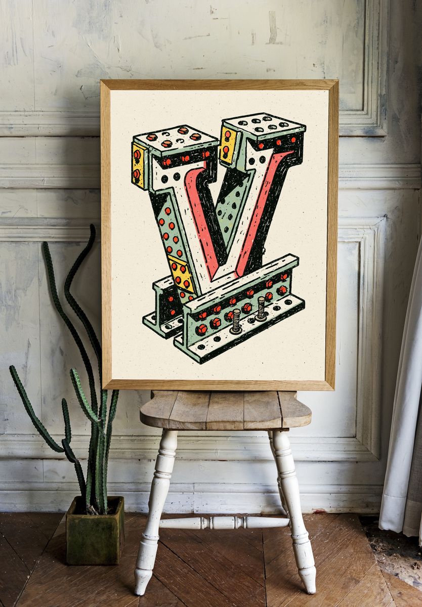 Marquee Letter V Illustration Poster. — room view 1