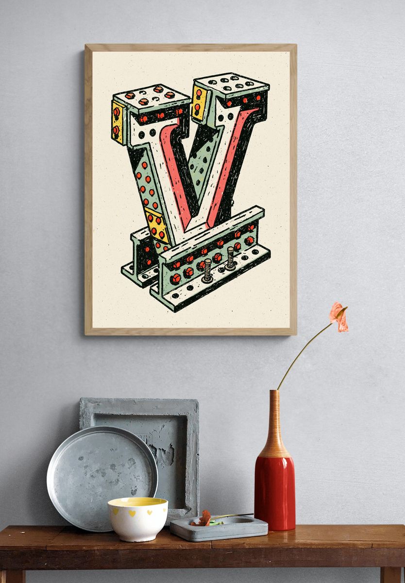 Marquee Letter V Illustration Poster. — room view 3