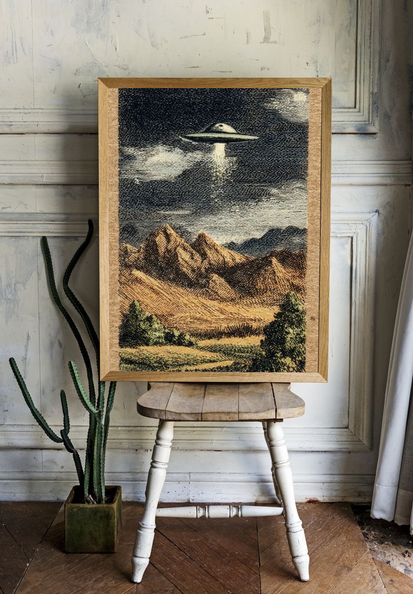 UFO Over Mountains — Vintage Print. — room view 1