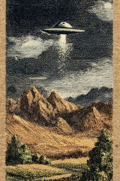UFO Over Mountains — Vintage Print. poster print