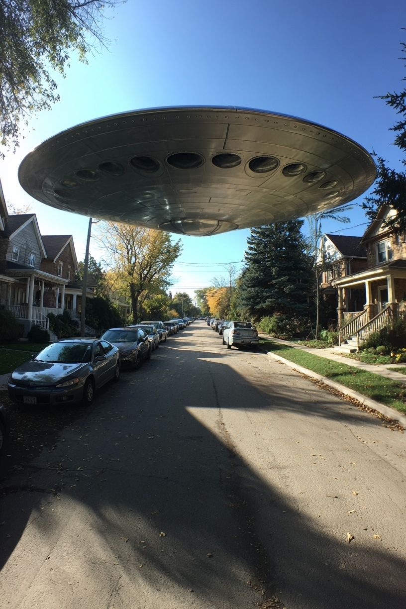 UFO Over Suburban Street — Sci-Fi Print. poster — movies art