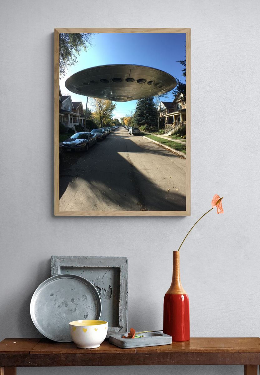 UFO Over Suburban Street — Sci-Fi Print. — room view 3
