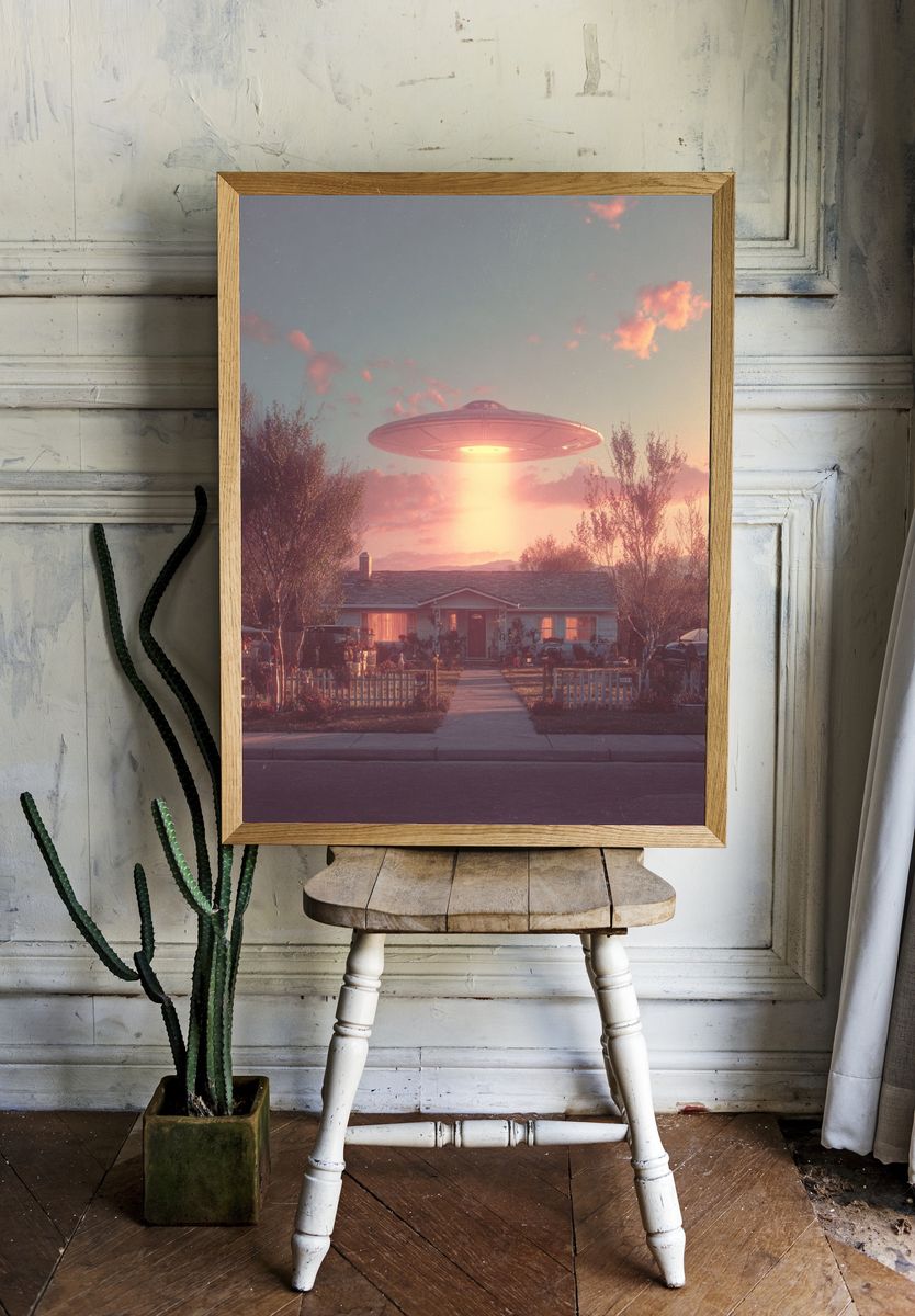 UFO Over Suburban Home — Sci-Fi Print. — room view 1