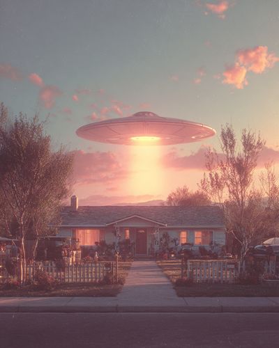 UFO Over Suburban Home — Sci-Fi Print