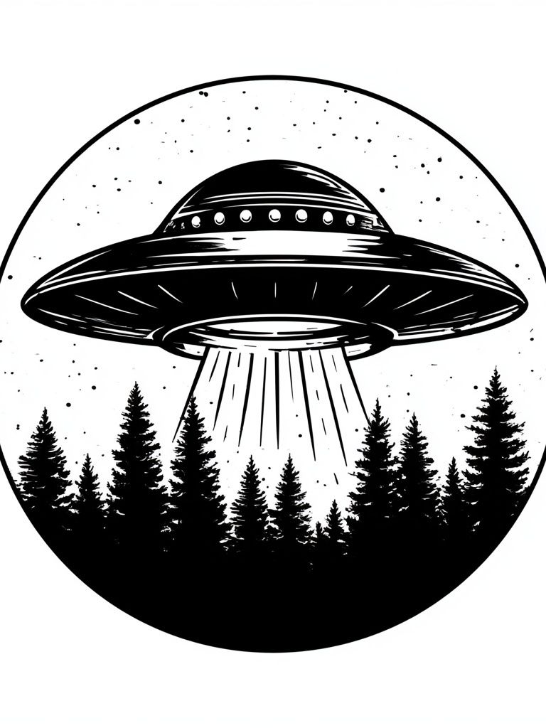 UFO Over Forest Black-White Poster. poster — illustration art