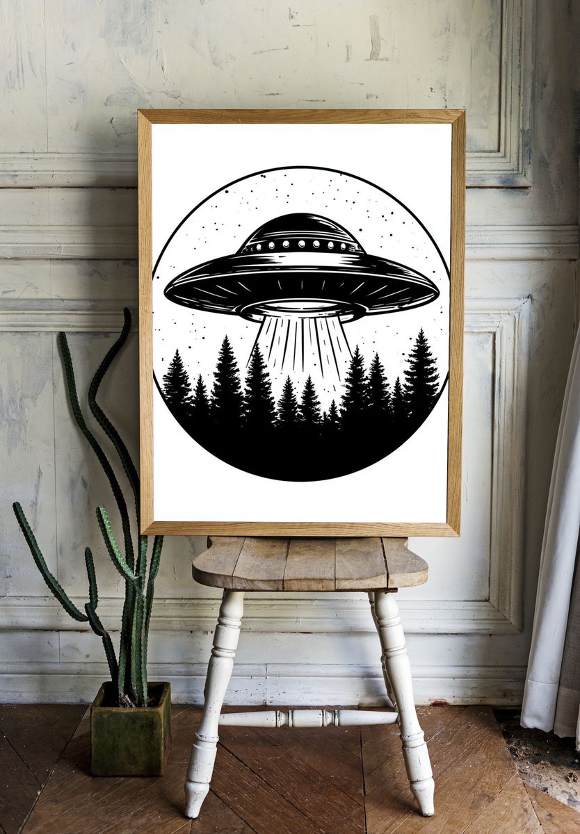 UFO Over Forest Black-White Poster. — room view 1