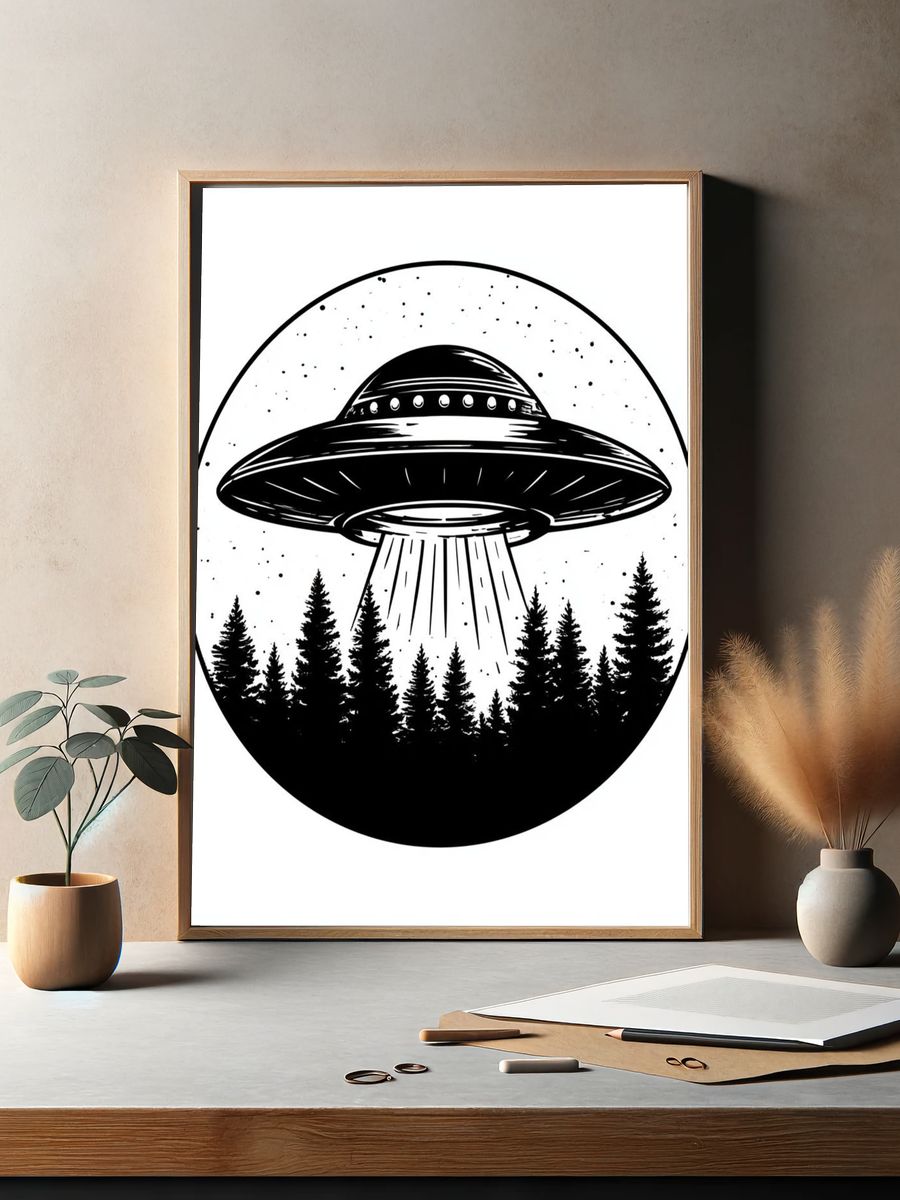 UFO Over Forest Black-White Poster. — room view 2