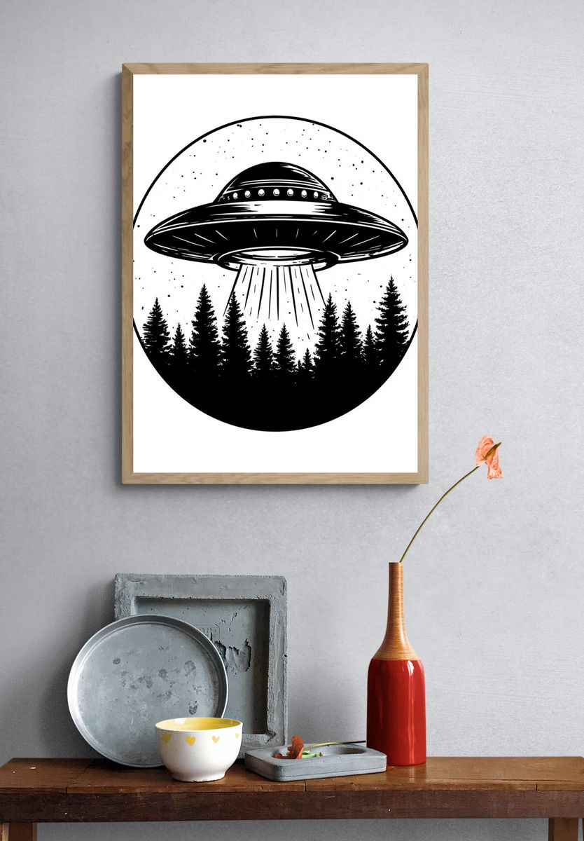UFO Over Forest Black-White Poster. — room view 3