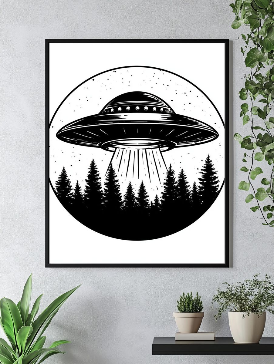 UFO Over Forest Black-White Poster. — room view 4