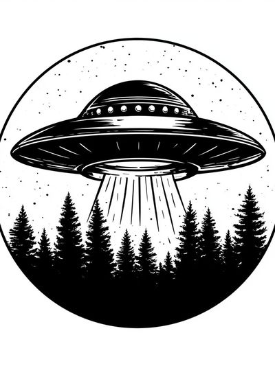 UFO Over Forest Black-White Poster. poster