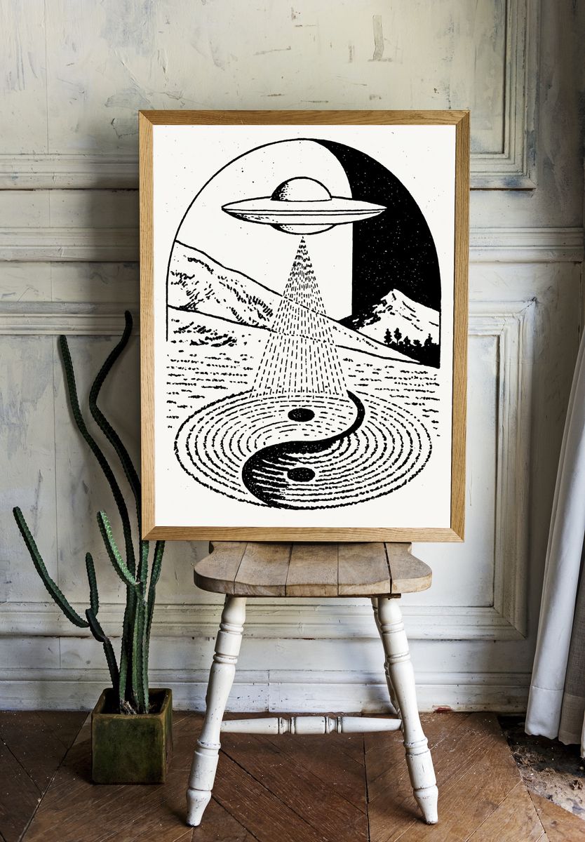 UFO Over Mountains Illustration Poster. room preview