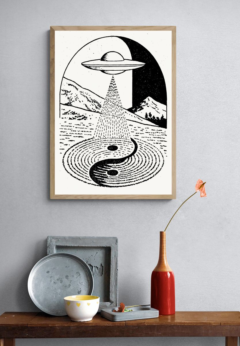 UFO Over Mountains Illustration Poster. — room view 3