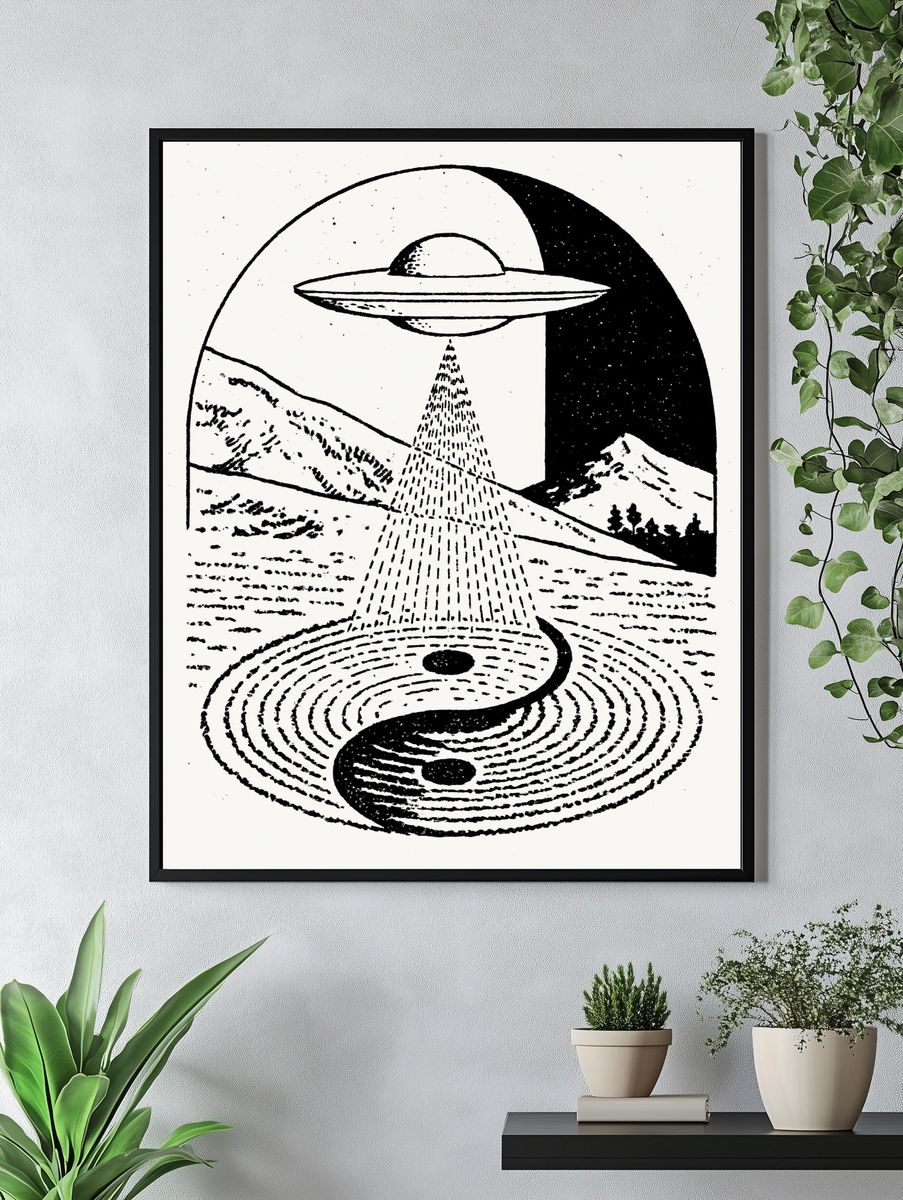 UFO Over Mountains Illustration Poster. — room view 4