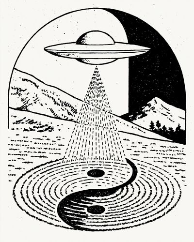 UFO Over Mountains Illustration Poster.