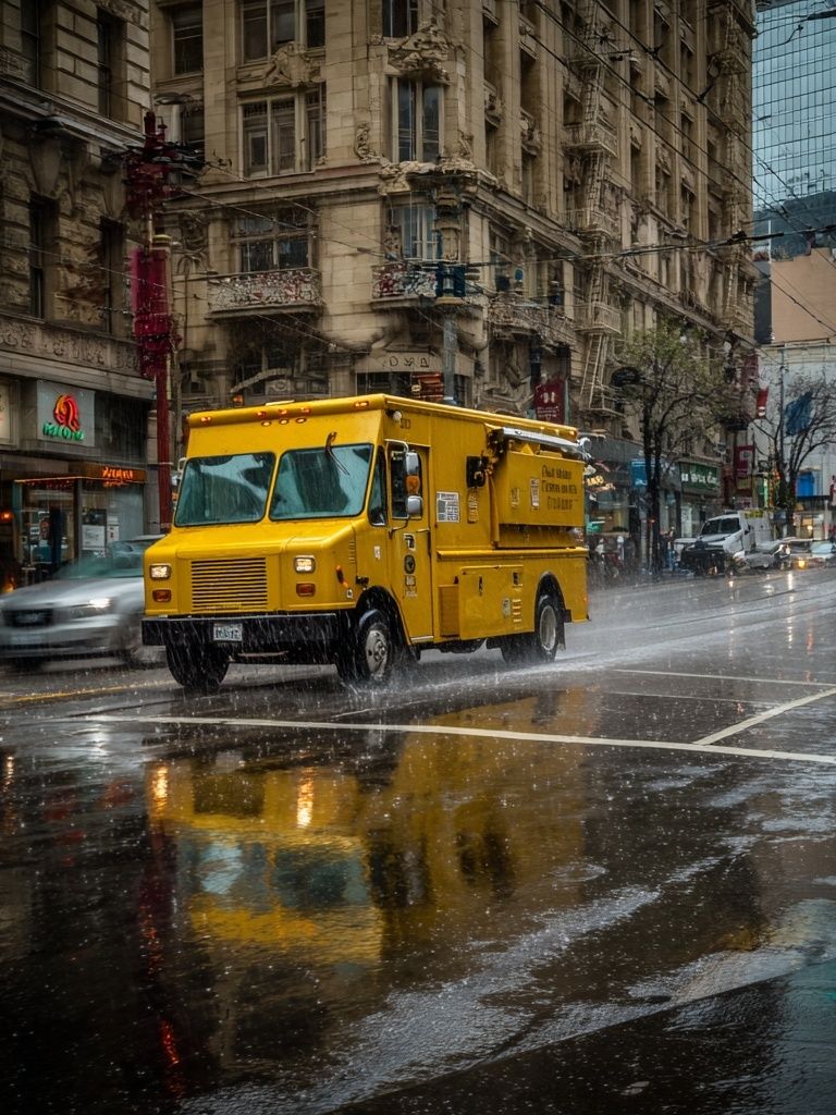 Yellow Food Truck in Rain — Urban Photography Print. poster detail