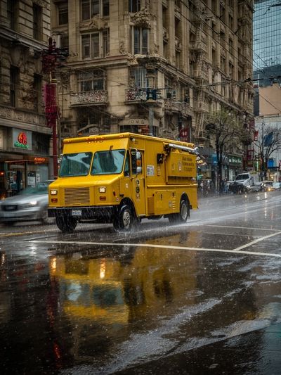 Yellow Food Truck in Rain — Urban Photography Print. poster print