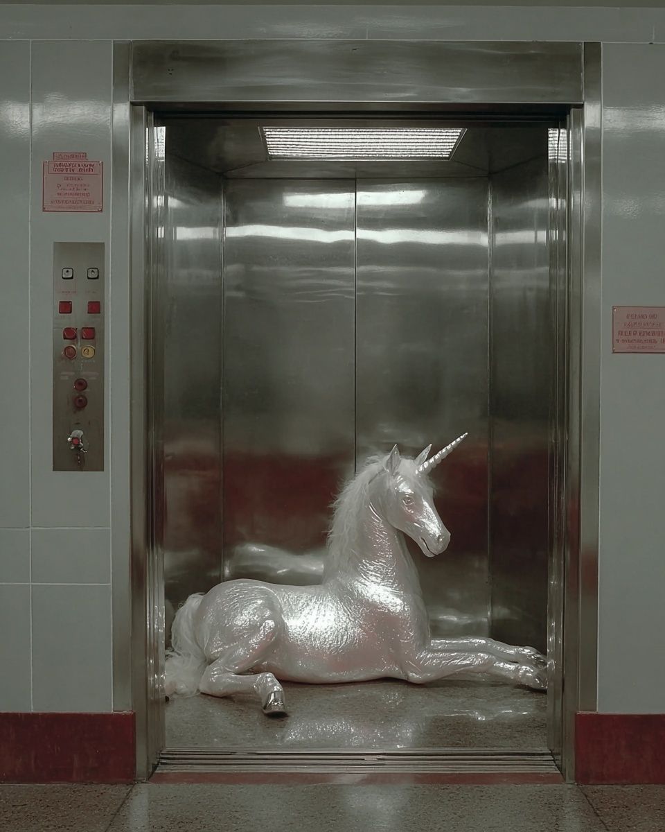 Unicorn in Elevator — Surrealism Print. poster detail