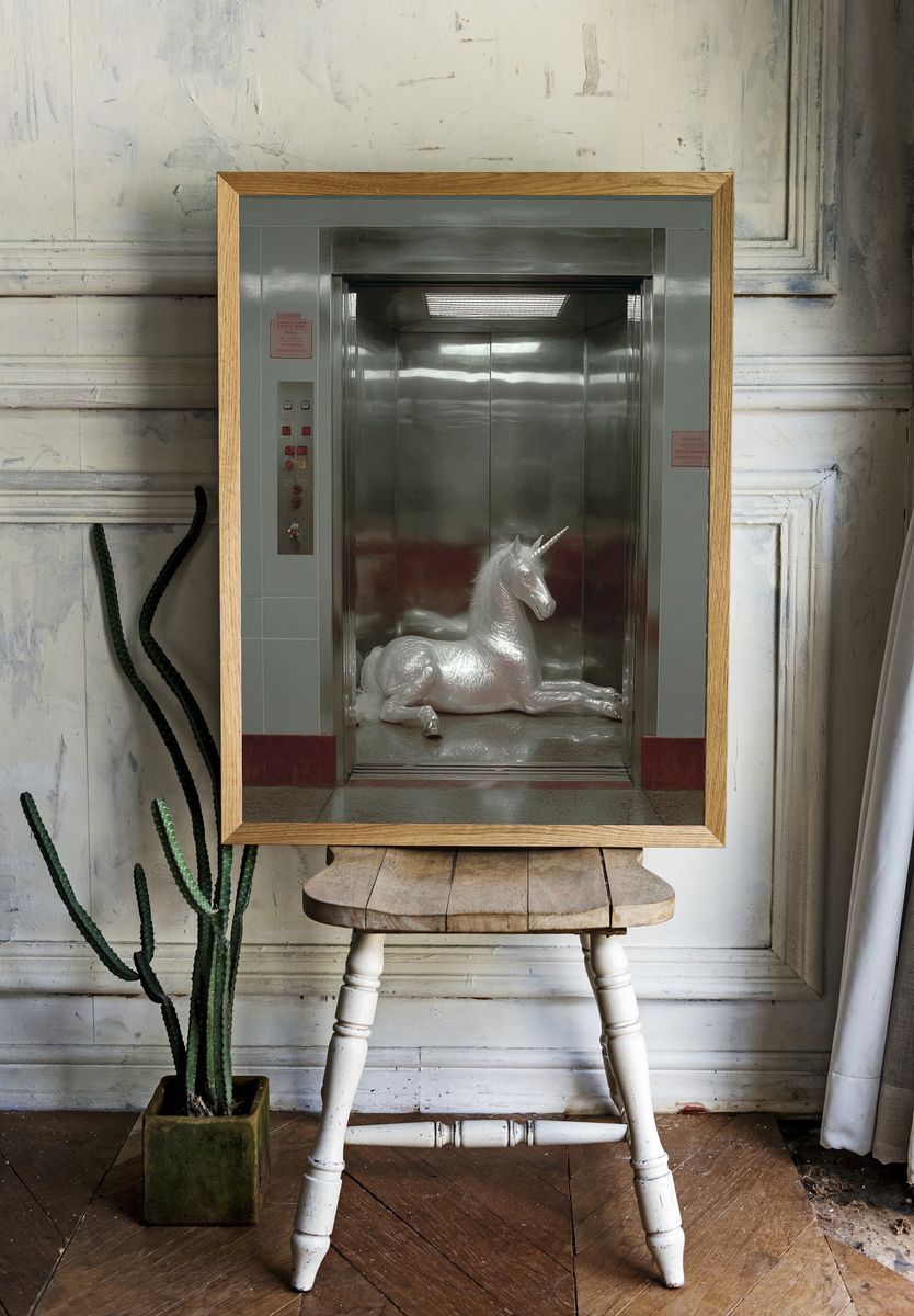 Unicorn in Elevator — Surrealism Print room preview