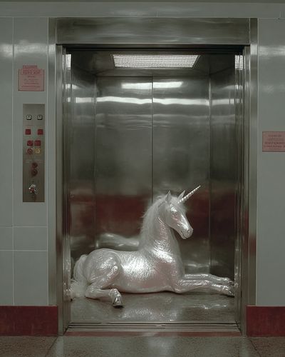 Unicorn in Elevator — Surrealism Print. poster