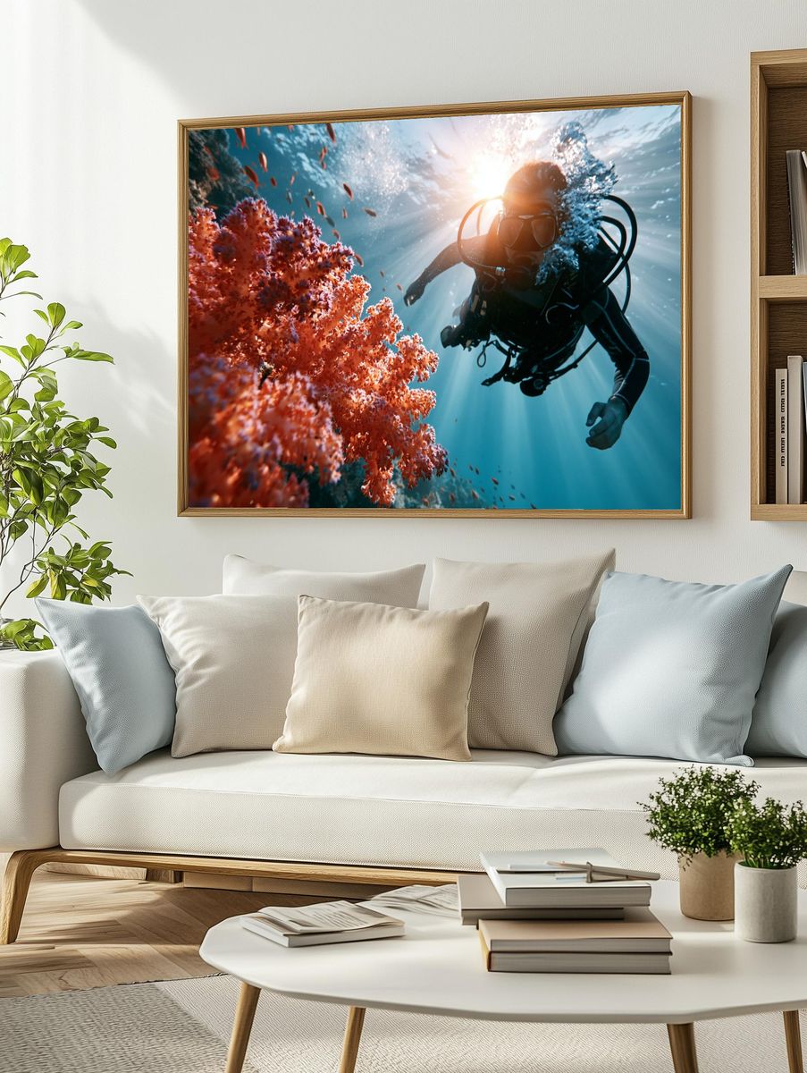 Underwater Diver Coral Reef Photography Poster. — room view 2