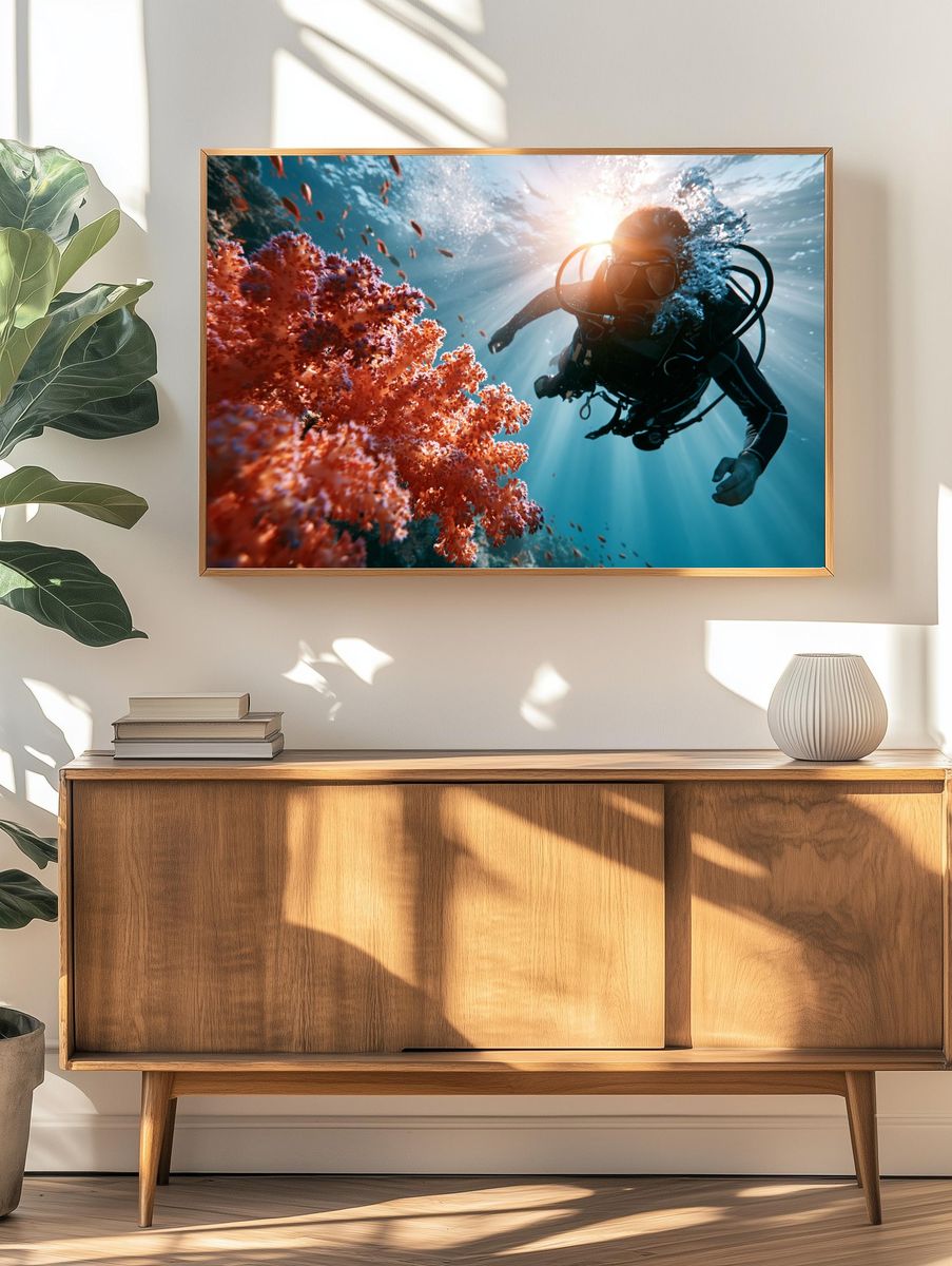Underwater Diver Coral Reef Photography Poster. — room view 3