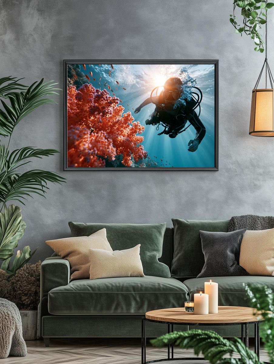 Underwater Diver Coral Reef Photography Poster. — room view 4