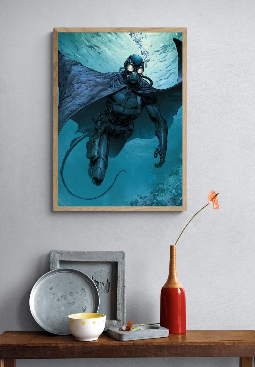 Underwater Diver Sci-Fi Illustration Poster. — room view 3