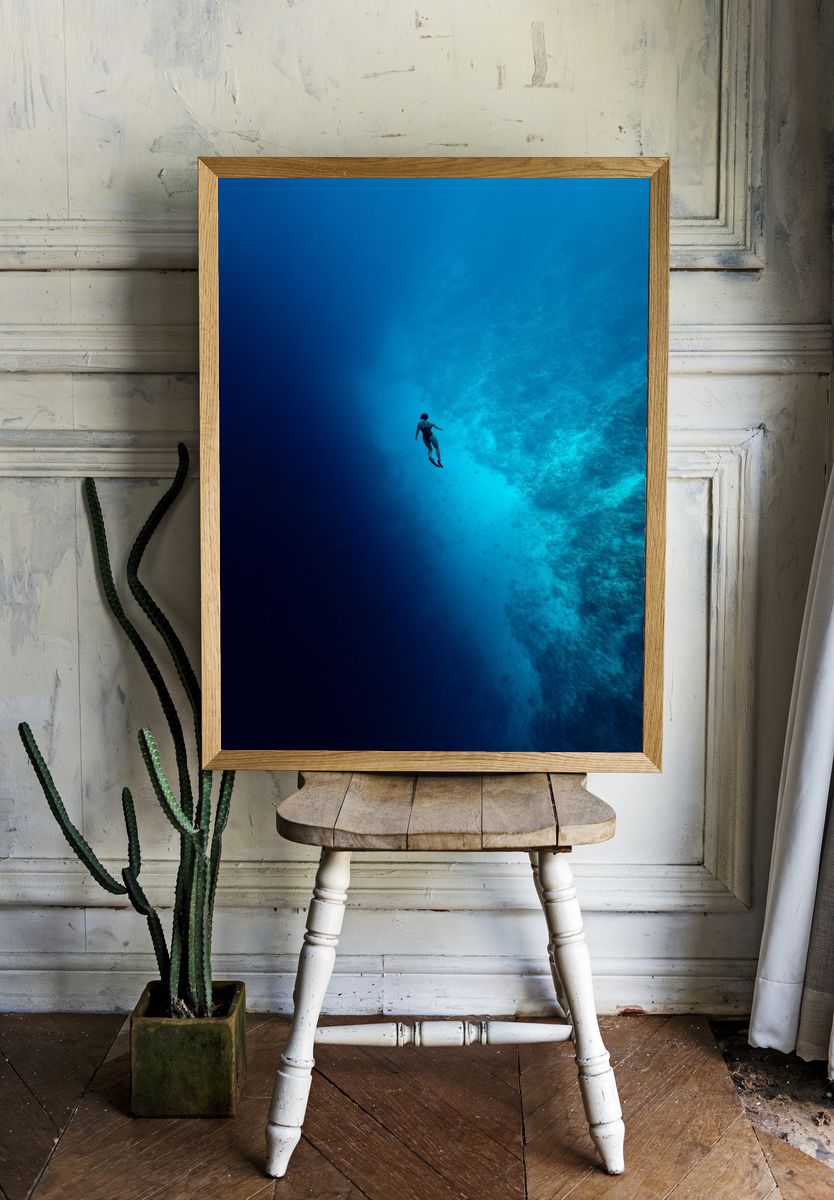 Underwater Diver Blue Depths Poster. — room view 1