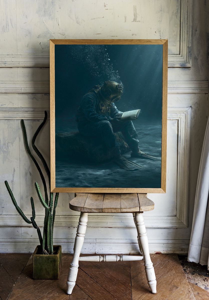 Underwater Diver Reading Poster. — room view 1