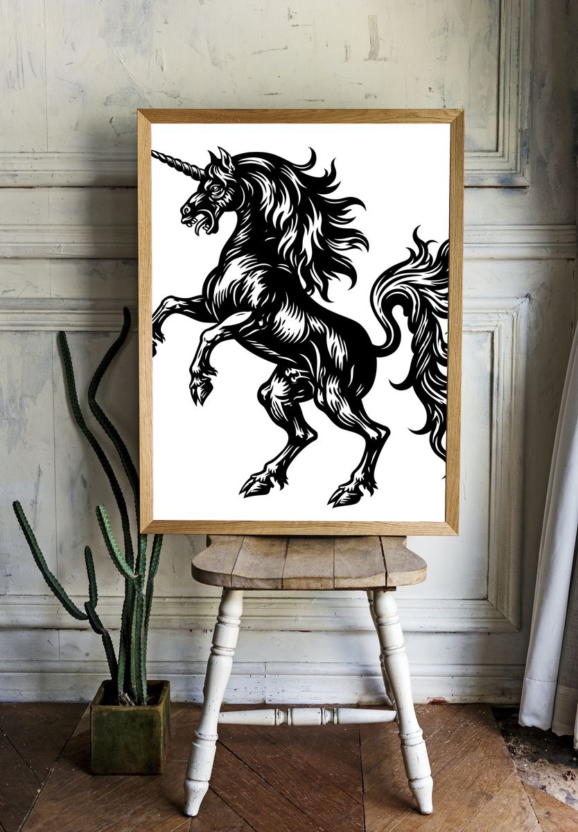 Rearing Unicorn Black-White Poster. room preview