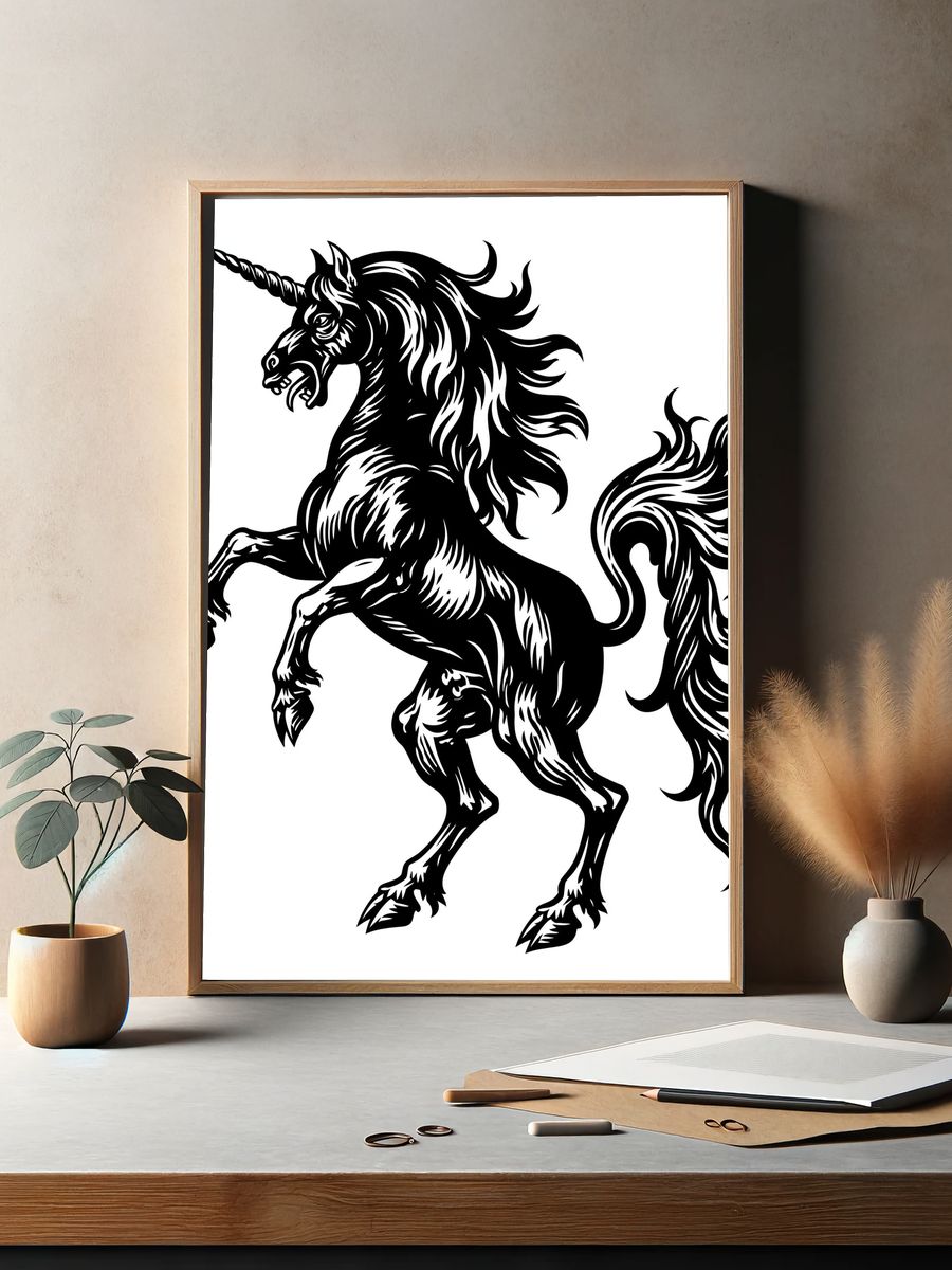 Rearing Unicorn Black-White Poster. — room view 2