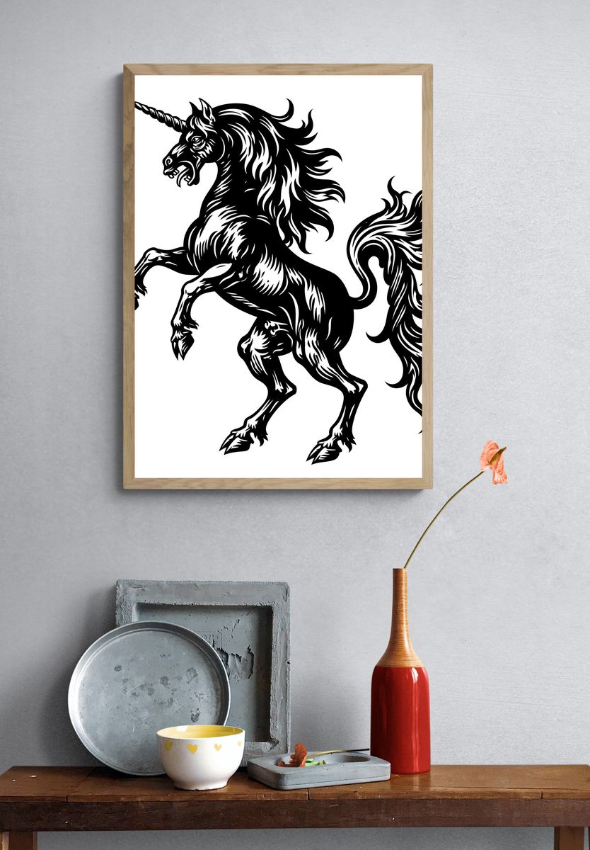 Rearing Unicorn Black-White Poster. — room view 3
