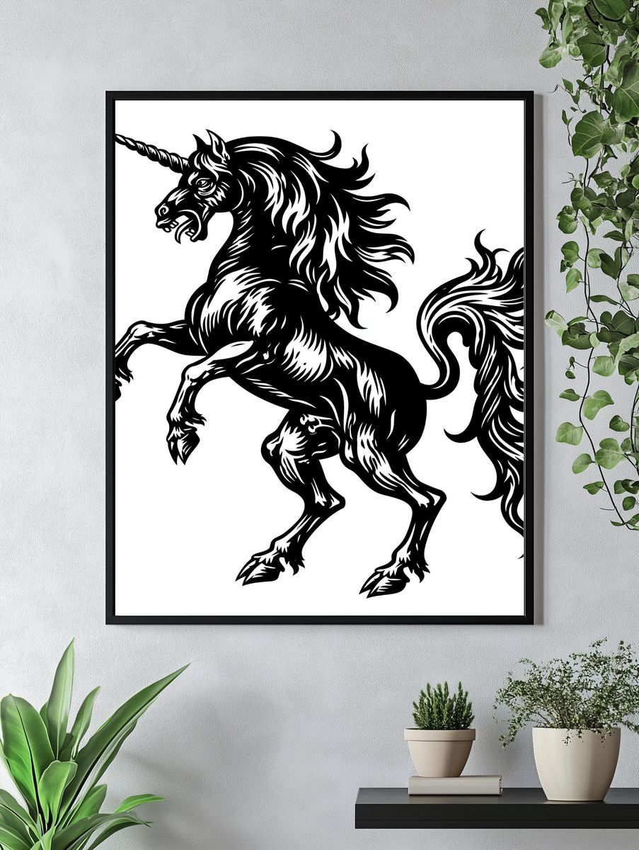 Rearing Unicorn Black-White Poster. — room view 4