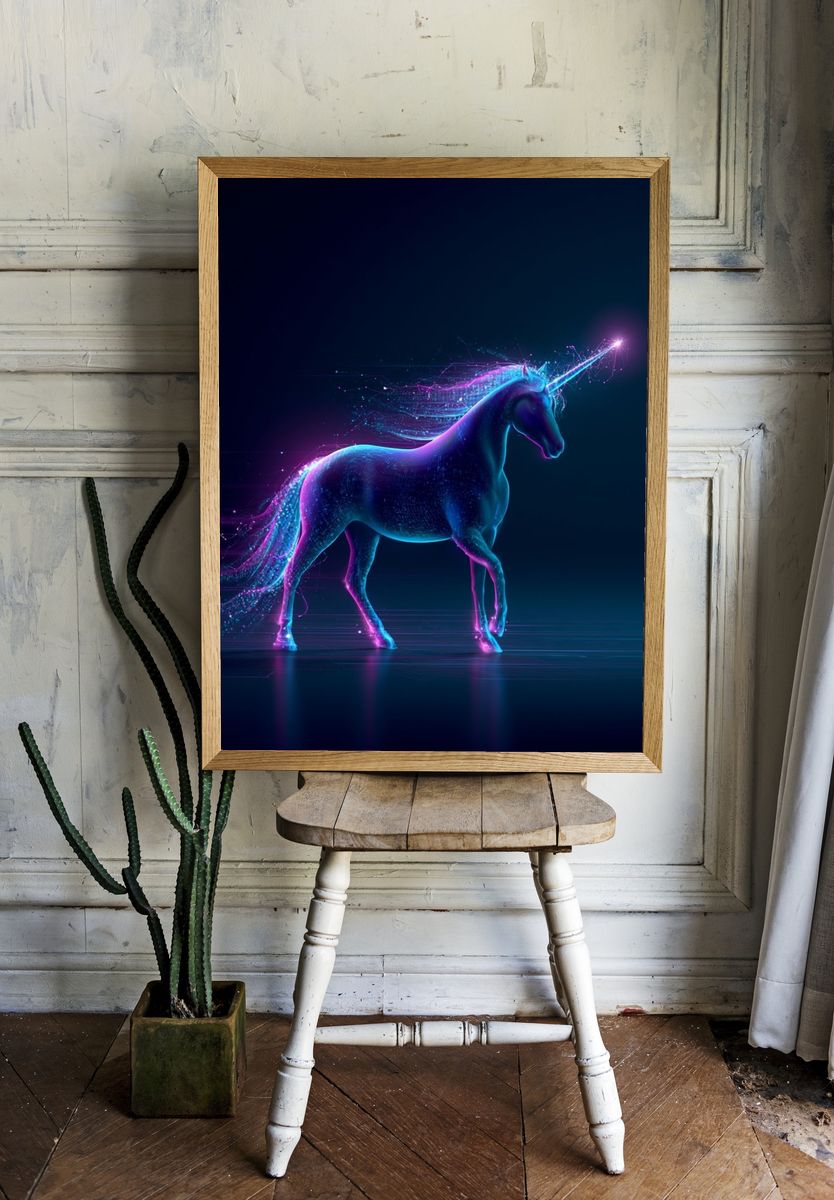 Neon Unicorn Digital Art Poster. — room view 1