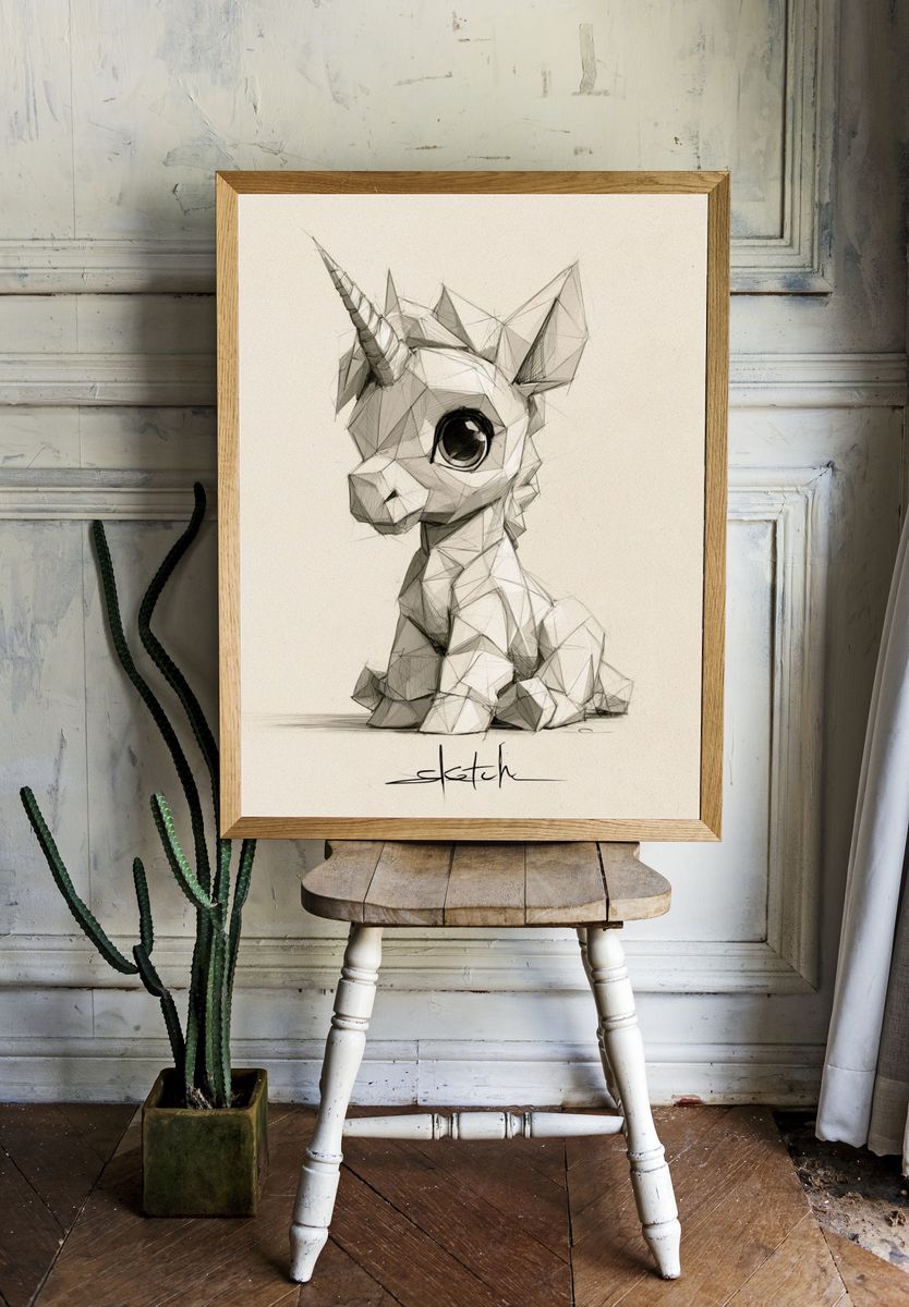Low-Poly Unicorn Sketch Poster. — room view 1