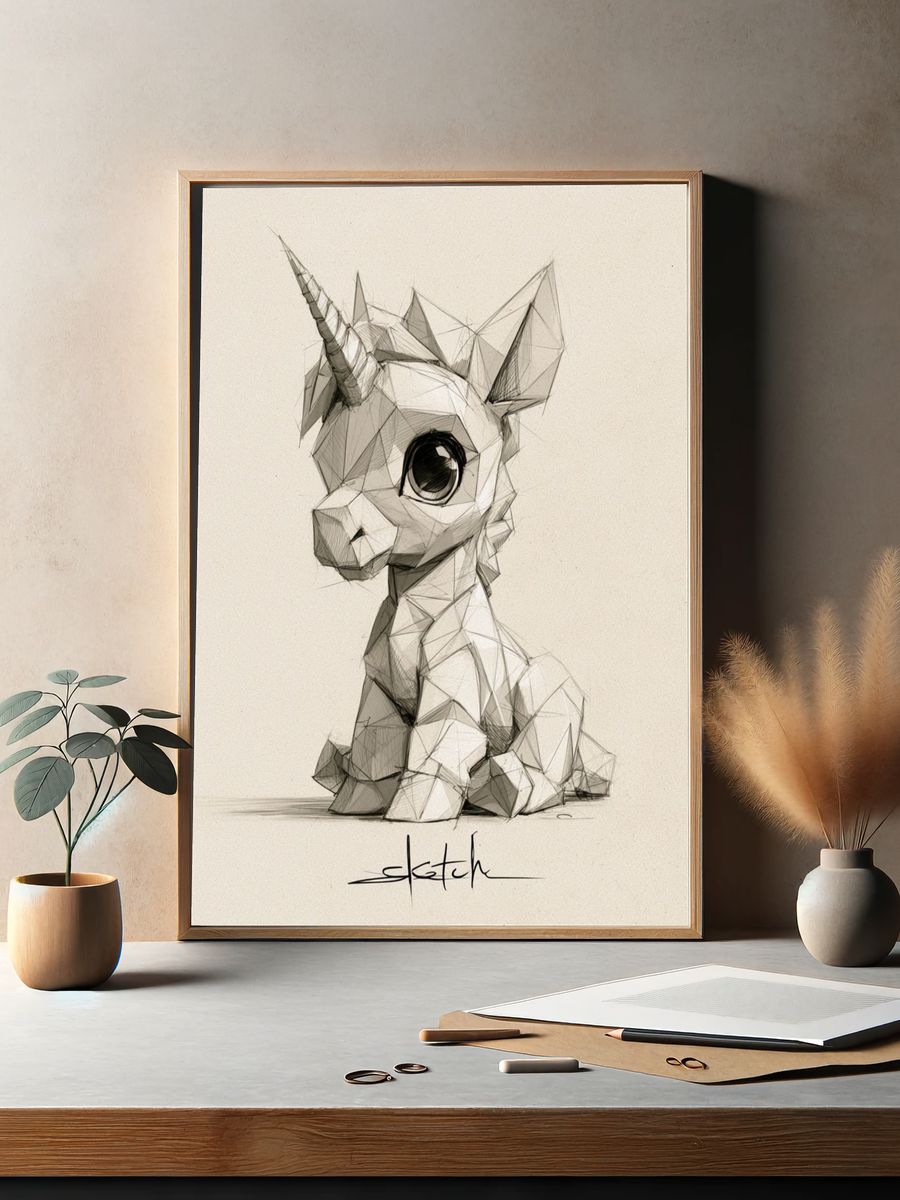 Low-Poly Unicorn Sketch Poster. — room view 2