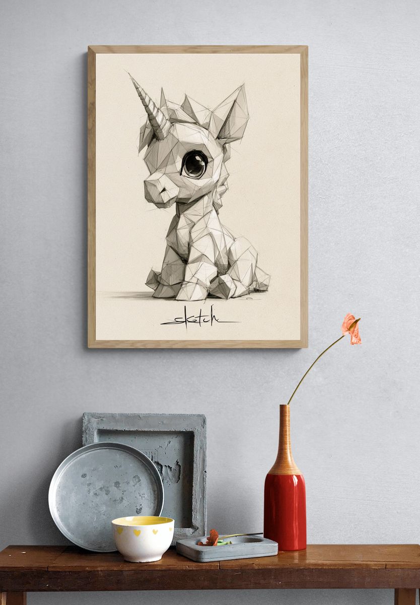 Low-Poly Unicorn Sketch Poster. — room view 3