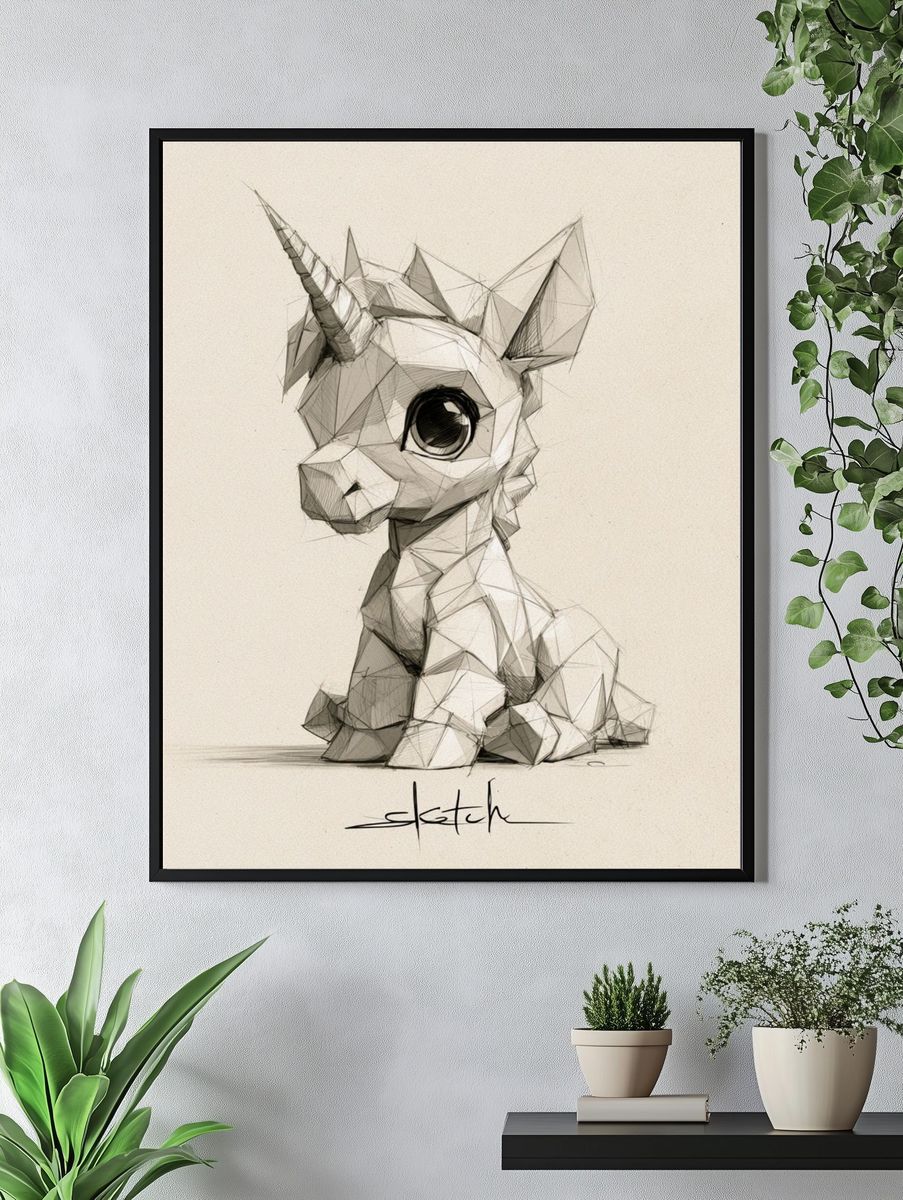Low-Poly Unicorn Sketch Poster. — room view 4