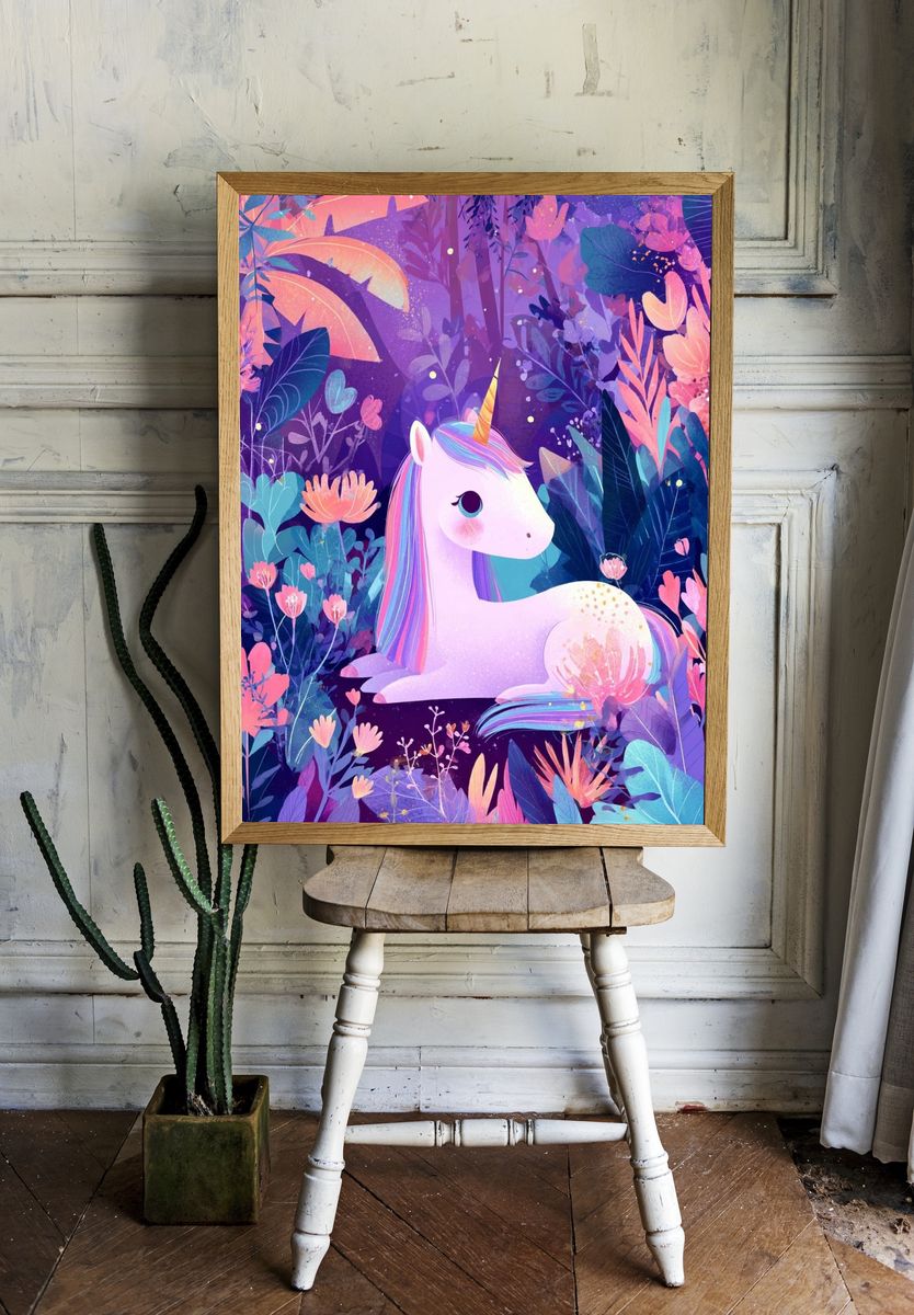 Whimsical Unicorn in Floral Garden — Illustration Print room preview