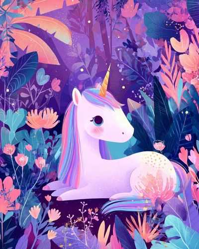 Whimsical Unicorn in Floral Garden
