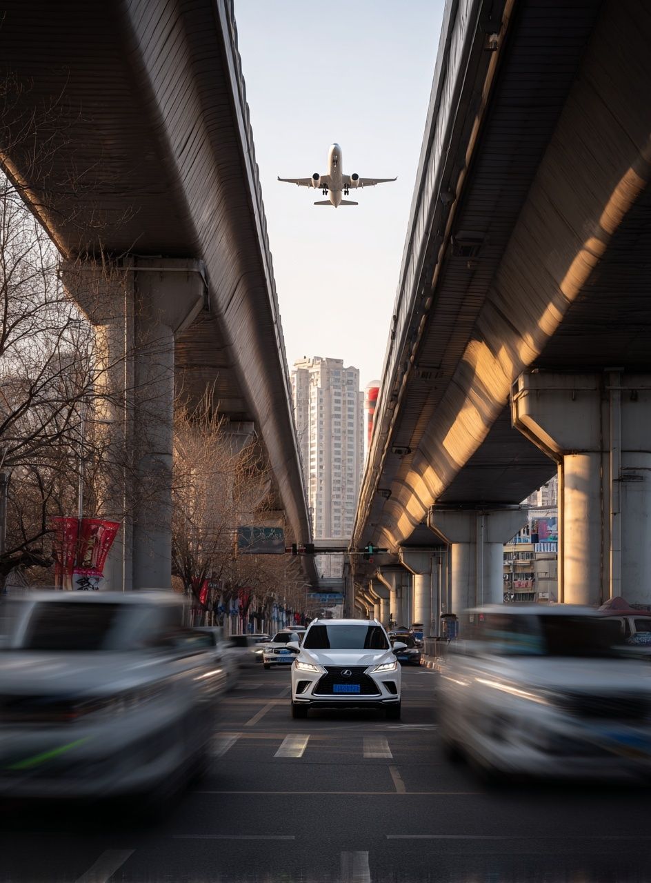 Urban Landscape with Airplane — Photography Print. poster detail
