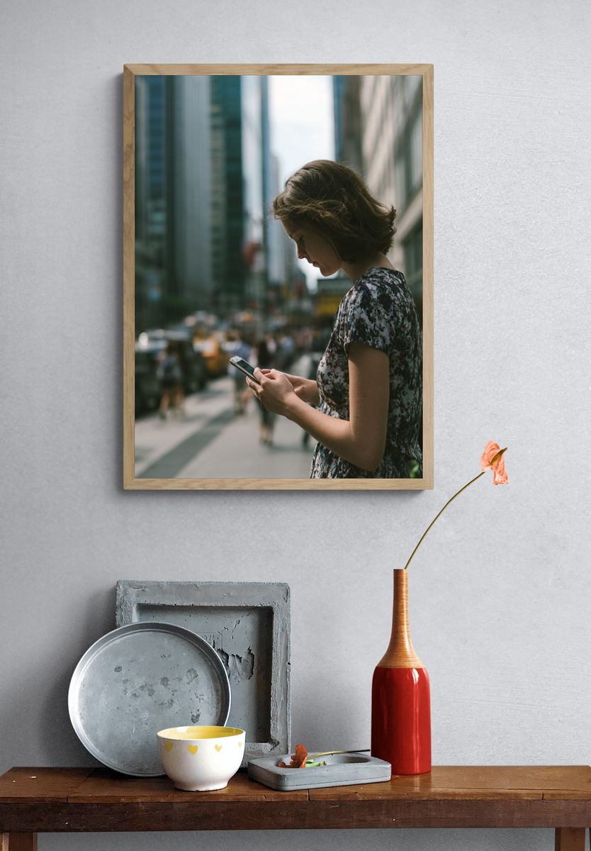 Urban Woman with Phone Photography Poster. — room view 3