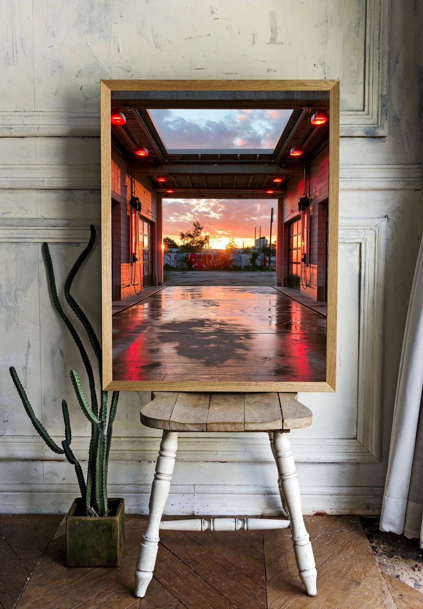 Urban Sunset Garage Photography Poster. — room view 1