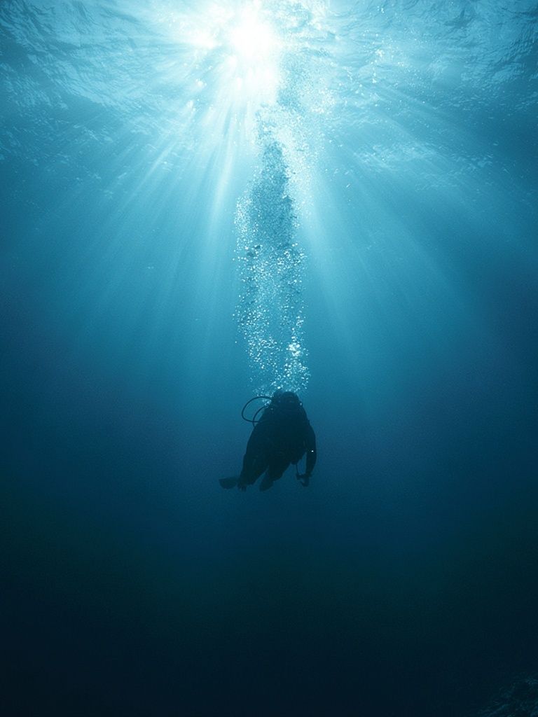 Underwater Diver Sunbeam Poster. poster detail